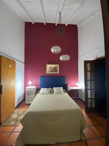 波萨达斯Glamping Urbano Posadas的卧室配有一张红色墙壁上的大床