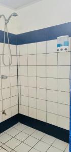 蓬塔雷纳斯Relax at Pier Sands Casita#1 - Close to the Beach!的浴室设有蓝色和白色瓷砖淋浴。