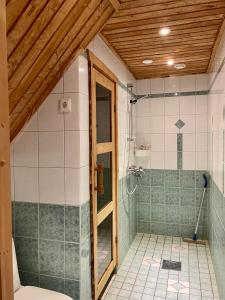 塔库沃里Kodikas loma-asunto Tahkon ytimestä的带淋浴的浴室和玻璃门