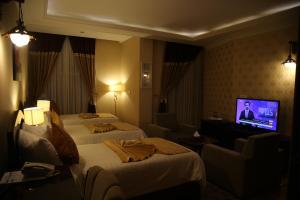 Gholghola Hotel by the Buddhas of Bamyan的酒店客房设有两张床和一台平面电视。