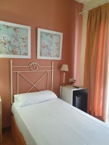 塞维利亚穆里略酒店的卧室配有一张床,墙上挂有两张照片
