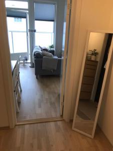 利勒斯特罗姆1-bed for 2 pers Central in Lillestrøm的客厅配有镜子和沙发