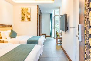 丽江丽江束河元年别院 Yuannian Lijiang的酒店客房设有两张床和一台平面电视。