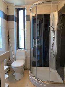 韦克舍Lugnt,centralt, parkering,altan.的浴室配有卫生间、淋浴和盥洗盆。