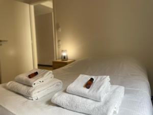 圣阿沃尔德KOSY Appart'Hôtel 7ème Art的床上的一大堆毛巾