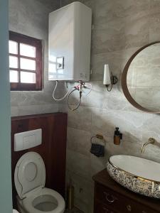 科托努La Villa Saint Jean的一间带卫生间、水槽和镜子的浴室