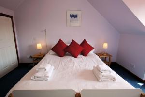 洛亨黑德Osprey View的卧室配有带红色枕头的大型白色床