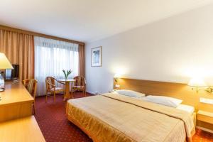 科沃布热格Hotel Solny的酒店客房设有一张大床和一张桌子。