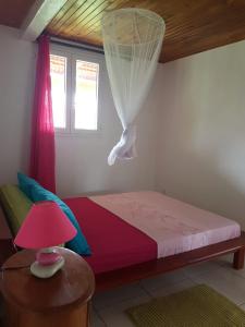 Quartier la Fleury GuinéF1 studio Martinique的一间卧室配有一张带粉红色台灯的床。