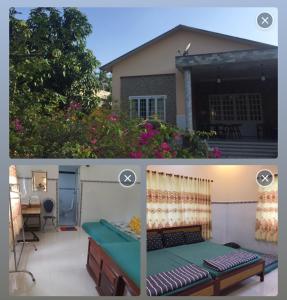 槟知HÒANG HÔN HOMESTAY的两幅房子的照片,配有一张床和一个庭院