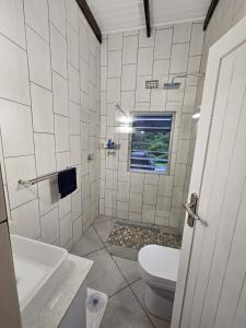 圣卢西亚14 Manzini Chalets -Flamingo Cove的浴室配有卫生间、浴缸和水槽。