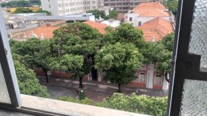 贝洛奥里藏特Aconchego do Lar Centro BH Apto 633 Rua da Bahia 187的窗户享有树木和建筑的景致。