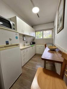 Qiryat H̱ayyimdgania lux的厨房配有白色橱柜、桌子和冰箱。