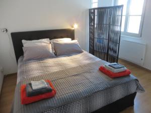 斯特拉斯堡奥奎德斯皮切尔斯公寓的一间卧室配有一张床,上面有两条毛巾