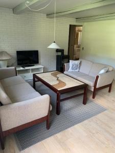 赫尔辛厄Dyrlundgård的客厅配有两张沙发和一张咖啡桌