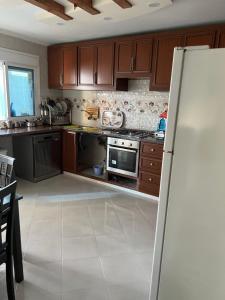 Appartement tarik的厨房配有木制橱柜和冰箱。