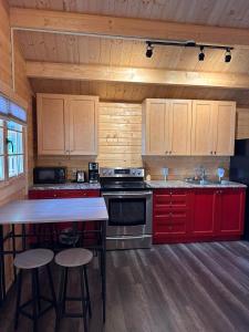 Otter LakeThe Pines Cottage On The Lake的厨房配有红色橱柜和炉灶烤箱
