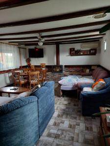OdžakHome of nature - kuća prirode的一间带蓝色沙发的客厅和一间用餐室