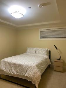 温哥华spacious modern new suite的一间卧室配有一张床,天花板上拥有灯光