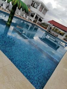 瓦曼特拉Hotel & Cabañas Malinche的一座建筑前的游泳池,里面种着棕榈树