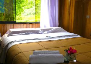 奥克萨潘帕Kusi Lodge的配有毛巾和窗户的客房内的一张床位