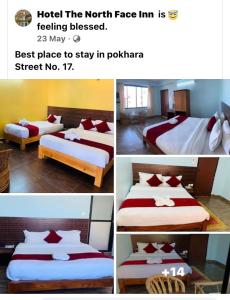 博卡拉北法切酒店的一张四幅酒店客房照片的拼贴画,房间配有两张床