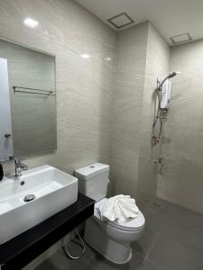 Aston Residence Hatyai的一间带水槽、卫生间和镜子的浴室
