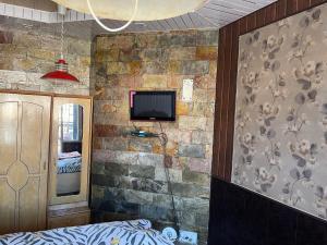 索兰Hotel Tip Top的一间卧室设有石墙和电视