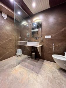 西姆拉Hotel Victory的一间带水槽和玻璃淋浴的浴室