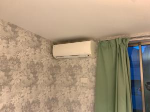 东京东京2020旅舍的浴室配有加热器和绿帘