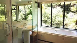 Whangarei HeadsTe Huia的一间带水槽和浴缸的浴室以及窗户。
