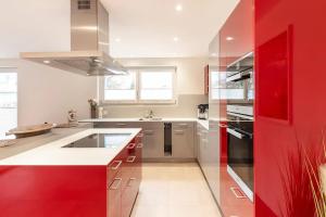 施泰因Luxus 3,5 Zi-Whg 128m2, 8 Min zum See & Altstadt的一间厨房,配有红色橱柜和红色的墙壁