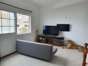 TarrafalSeaview Apartment的客厅配有沙发和老虎,铺在地板上
