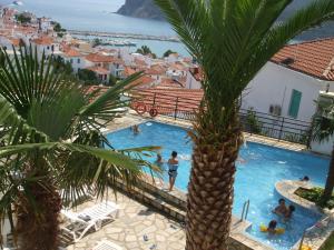 斯科派洛斯丹尼斯酒店的享有棕榈树游泳池的景色