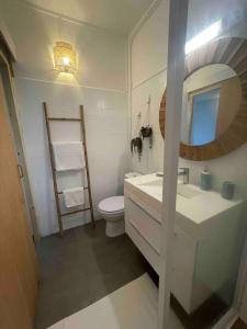德赛La p’tite barque Antillaise的一间带卫生间、水槽和镜子的浴室