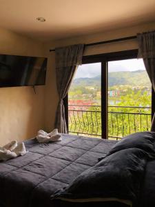瓜塔佩Lake View Hostel的一间卧室设有一张床和一个大窗户