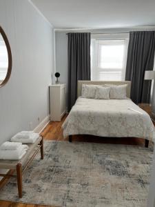 波士顿Spacious Apartment in Boston的一间卧室配有一张大床和地毯。