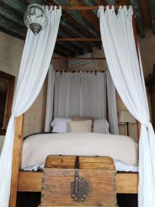 圣米格尔-德阿连德Hacienda Las Amantes的一间卧室配有一张带木制槽的天蓬床