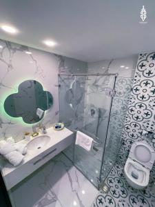 耶路撒冷Saladin Boutique Hotel的带淋浴、盥洗盆和卫生间的浴室