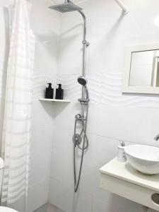 海法Seaside cozy apartment的带淋浴和盥洗盆的白色浴室