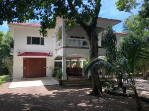 玛雅湾Ceiba Beach Resort的白色的房子,有木门和一棵树