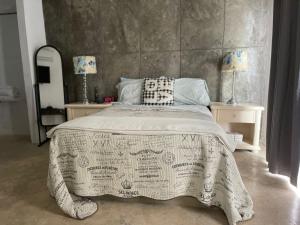 蓬塔卡纳VILLA GRANDEZZA的一间卧室配有一张床和两张带台灯的桌子。
