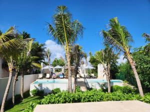 艾库玛尔3 bedroom luxury condo next to beach & pools, ac and internet的棕榈树别墅和游泳池