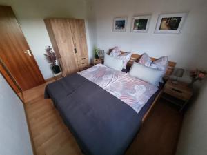 DockweilerFerienhaus Eifel Nature Dream的一间卧室配有一张大床,提供蓝色的床单和枕头