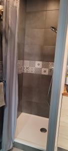 莫吉奥Mauguio Center Hôtel的浴室内配有淋浴帘。