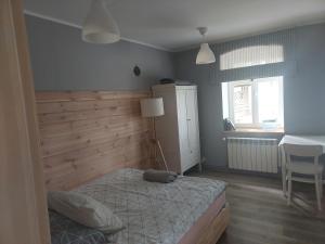 斯维耶塔利普卡Apartamenty Święta Lipka的一间卧室配有一张床、一张桌子和一个窗户。