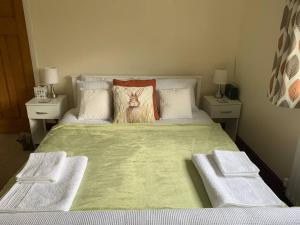 南米尔福德Self Contained Guest Suite的一张带绿色棉被的床和两张床头柜