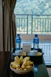 外南梦伊坚克利夫度假酒店的桌子上放着一盘香蕉和水瓶