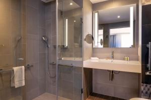 马西Hilton Garden Inn Paris Massy的带淋浴、盥洗盆和镜子的浴室