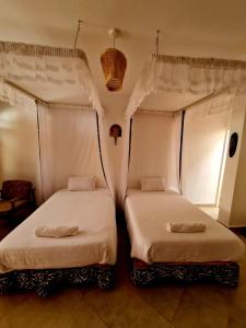 姆巴拉拉GKAT Resort的两张睡床彼此相邻,位于一个房间里